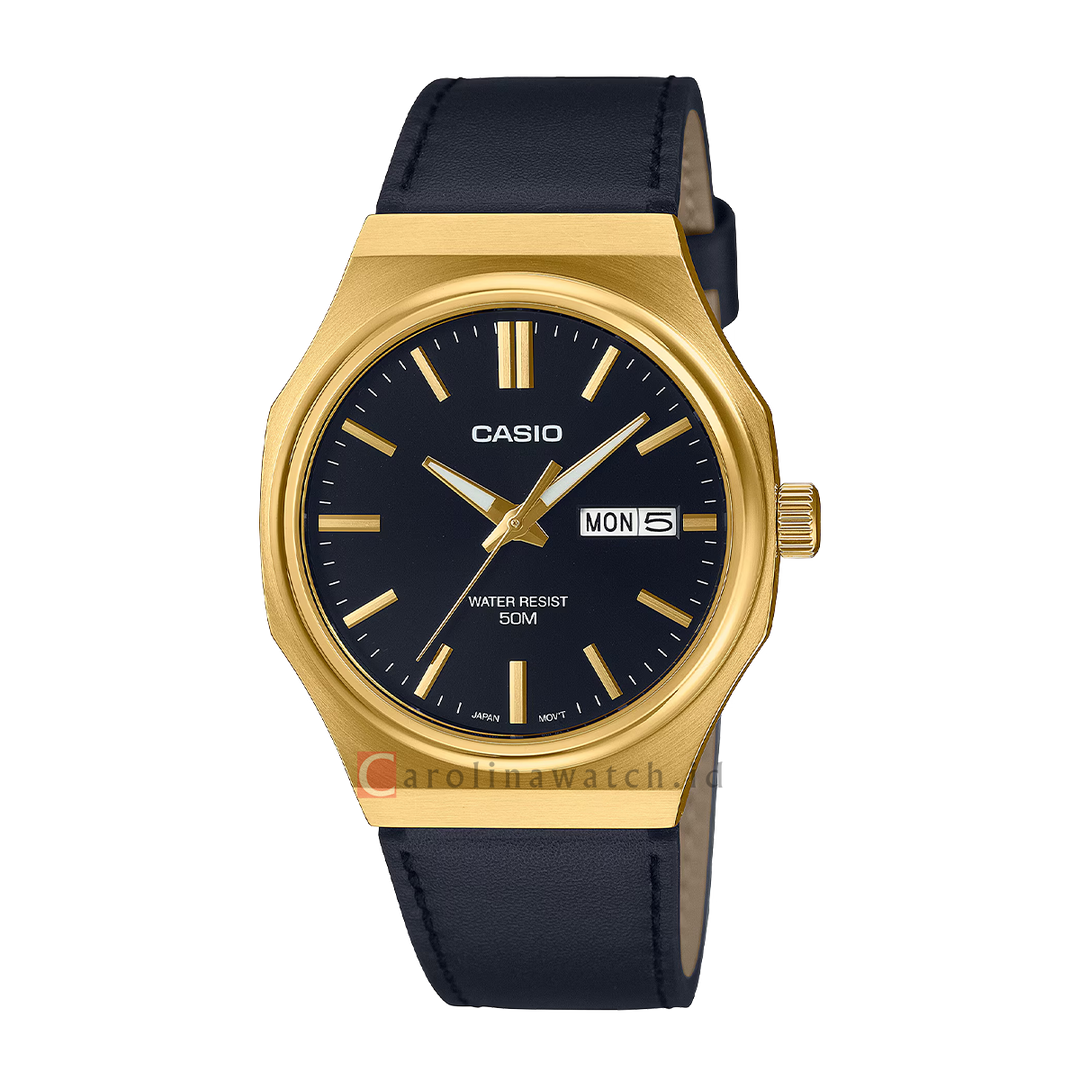 Jam Tangan Casio General MTP-E735GL-1A Men Black Dial Black Leather Band