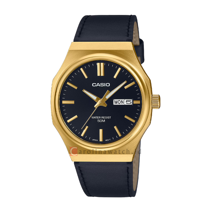 Jam Tangan Casio General MTP-E735GL-1A Men Black Dial Black Leather Band