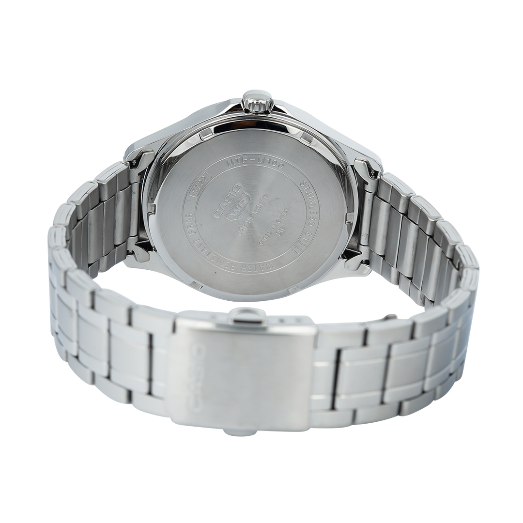 Jam Tangan Casio General MTP-M100D-7A Men Moon Phase Silver Dial Stainless Steel Band
