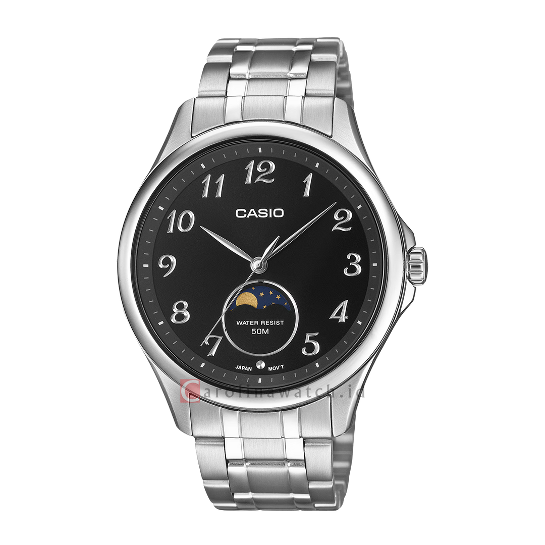 Jam Tangan Casio Standard MTP-M110D-1A Men Moon Phase Black Dial Stainless Steel Band