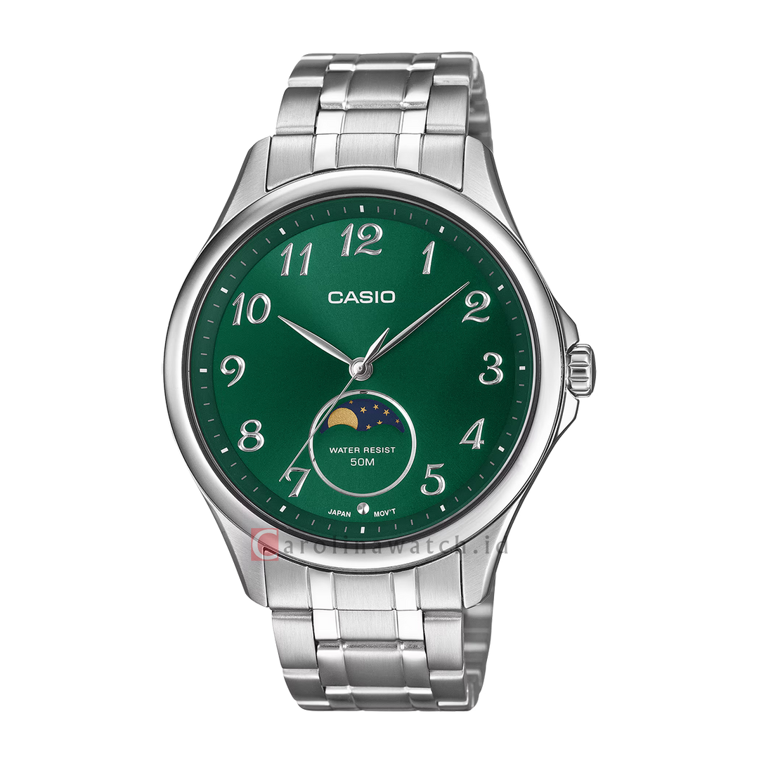 Jam Tangan Casio Standard MTP-M110D-3A Men Moon Phase Green Dial Stainless Steel Band