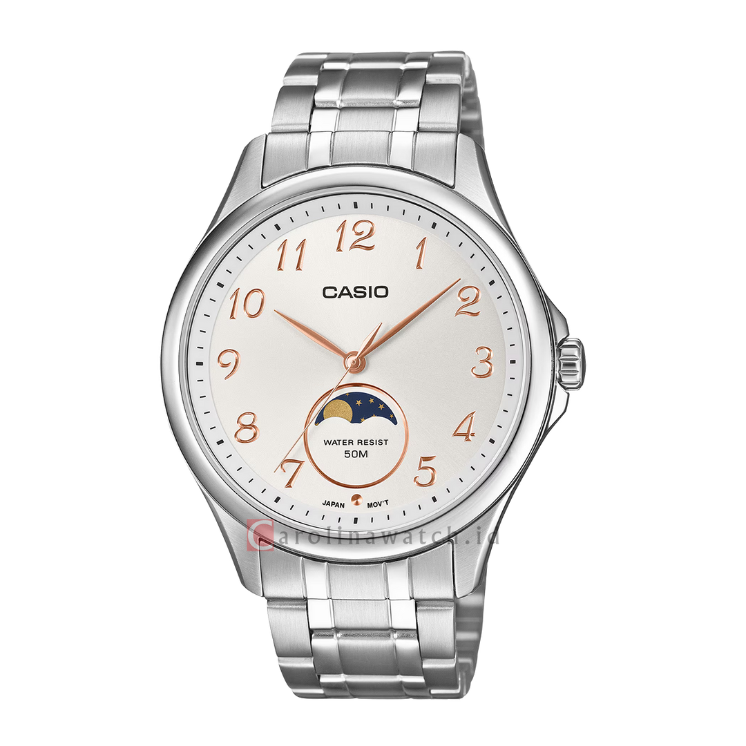 Jam Tangan Casio Standard MTP-M110D-7A Men Moon Phase White Dial Stainless Steel Band