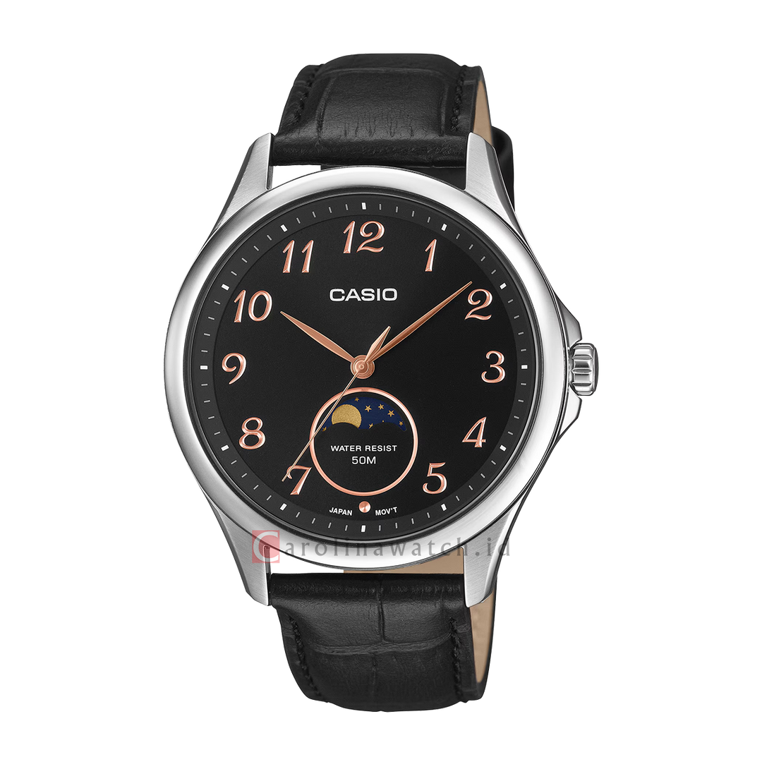 Jam Tangan Casio Standard MTP-M110L-1A Men Moon Phase Black Dial Black Leather Band