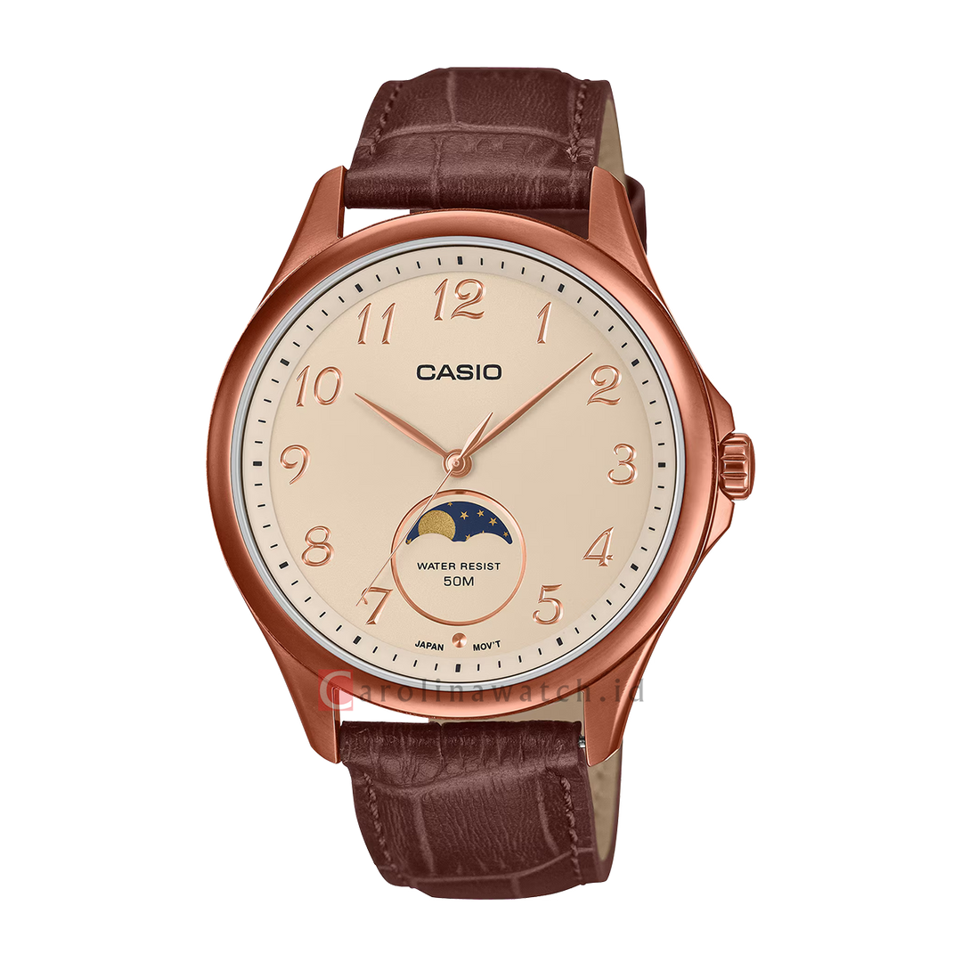 Jam Tangan Casio Standard MTP-M110RL-5A Men Moon Phase Cream Dial Brown Leather Band