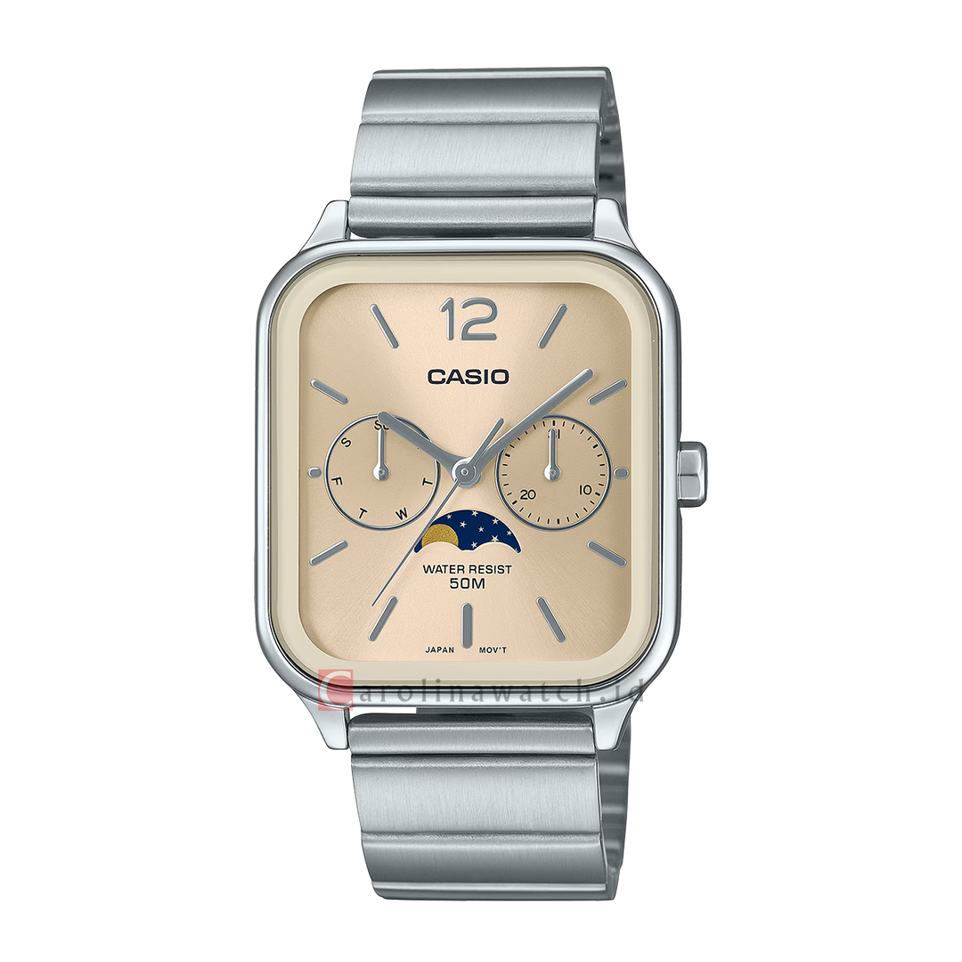 Jam Tangan Casio General MTP-M305D-9A Men Moon Phase Gold Dial Stainless Steel Strap