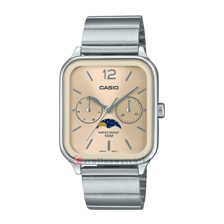 Jam Tangan Casio General MTP-M305D-9A Men Moon Phase Gold Dial Stainless Steel Strap