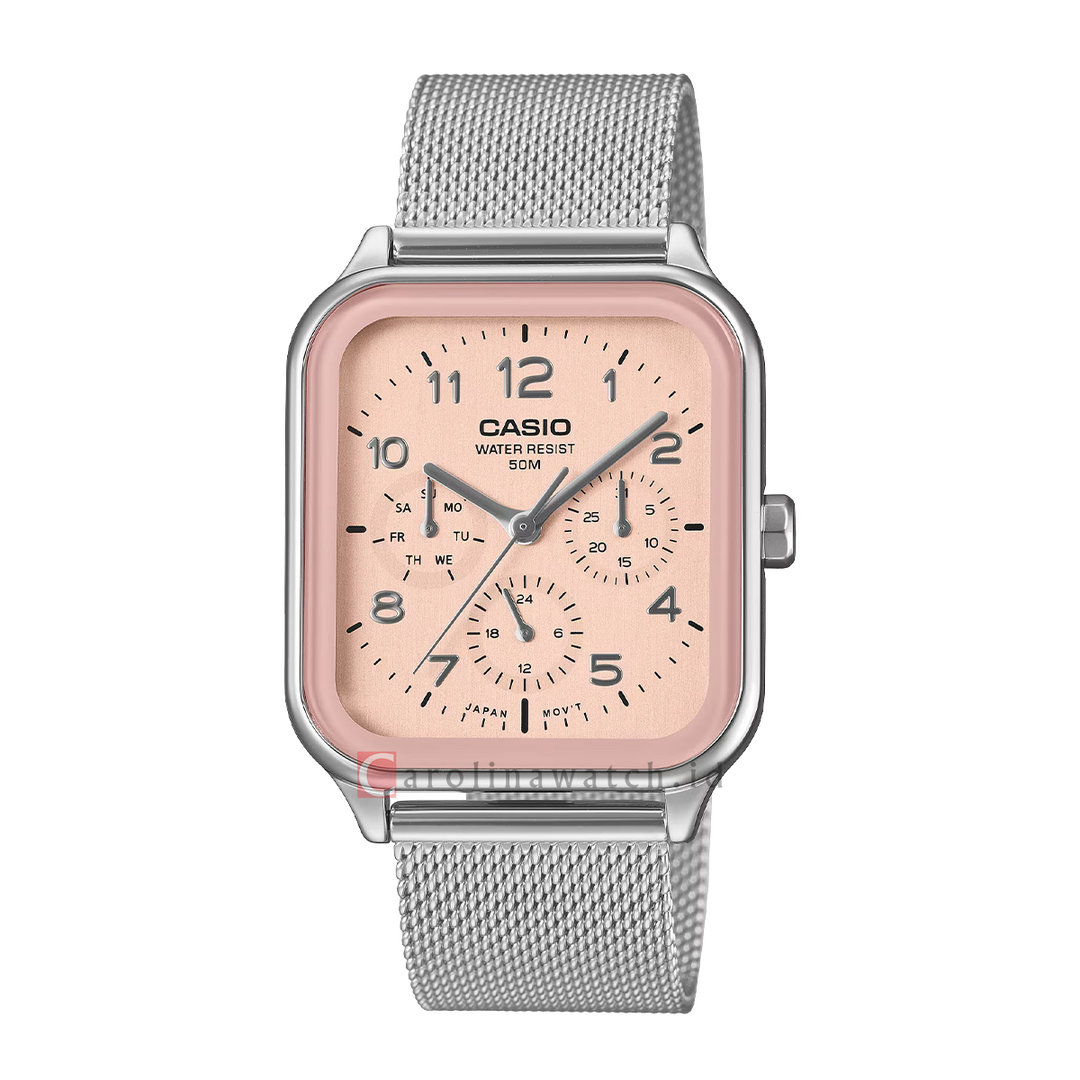 Jam Tangan Casio General MTP-M306M-4A Men Pink Dial Mesh Stainless Steel Band