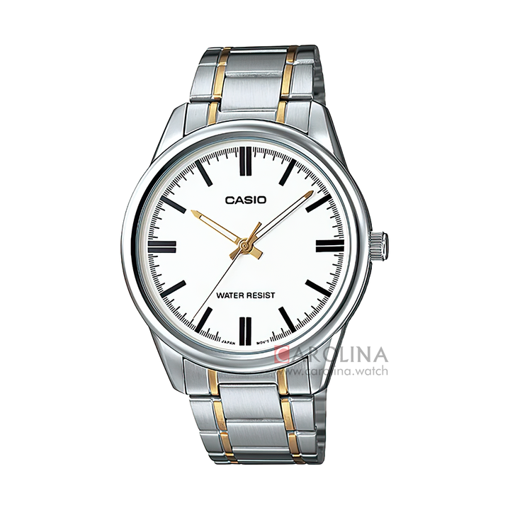 Jam Tangan Casio Enticer Men MTP-V005SG-7A Men White Dial Dual Tone Stainless Steel Band