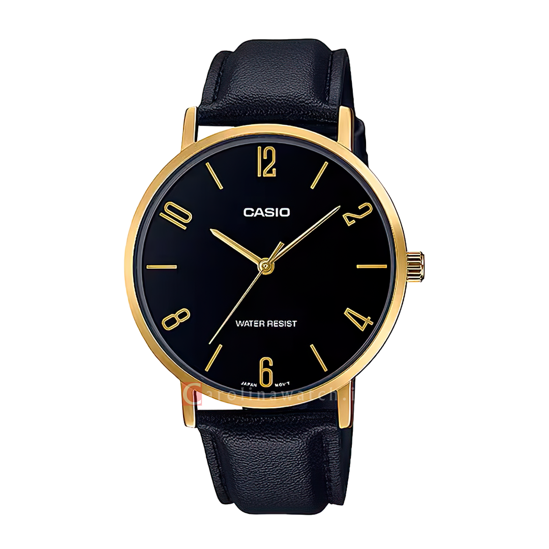 Jam Tangan Casio MTP-VT01GL-1B2 Men Black Dial Black Leather Band