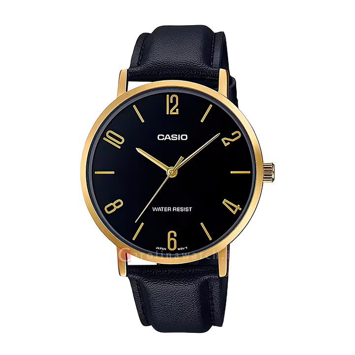 Jam Tangan Casio MTP-VT01GL-1B2 Men Black Dial Black Leather Band