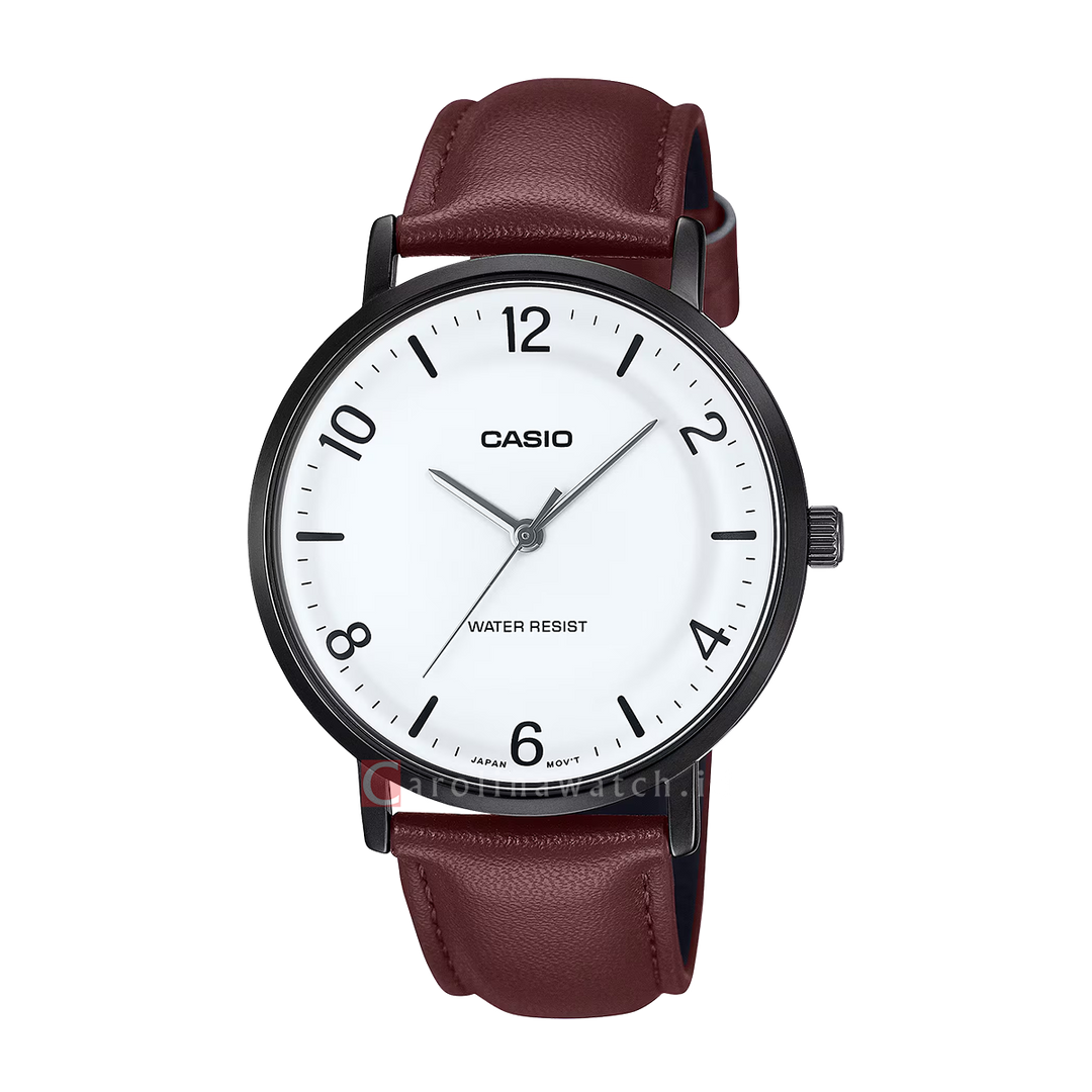 Jam Tangan Casio General MTP-VT03BL-7B Men White Dial Brown Leather Band