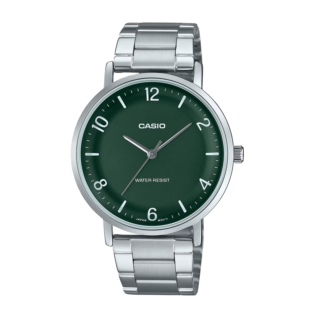 Jam Tangan Casio MTP-VT03D-3B Men Green Dial Stainless Steel Band