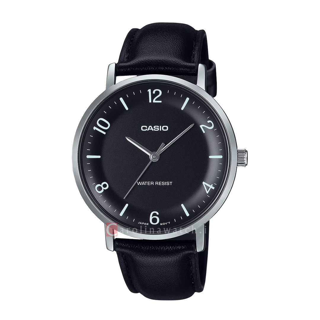 Jam Tangan Casio General MTP-VT03L-1B Men Black Dial Black Leather Band