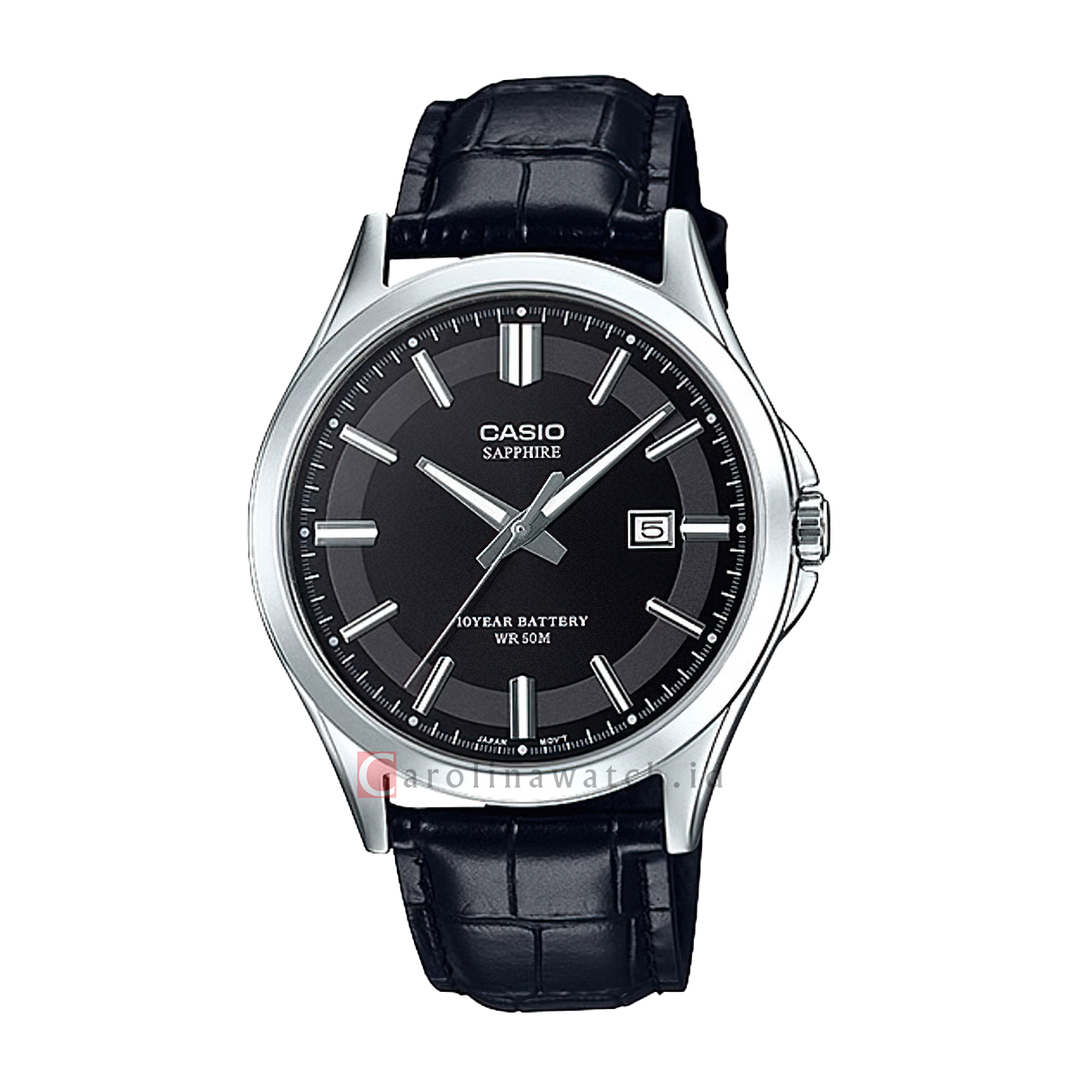 Jam Tangan Casio Standard 10 Year Battery MTS-100L-1A Men Black Dial Black Leather Band