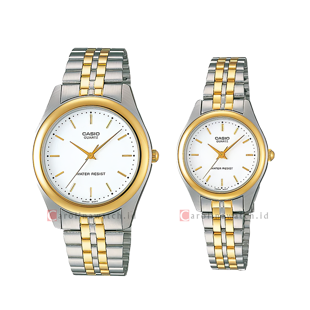 Jam Tangan Couple Casio M/LTP-1129G-7A White Dial Dual Tone Stainless Steel Strap