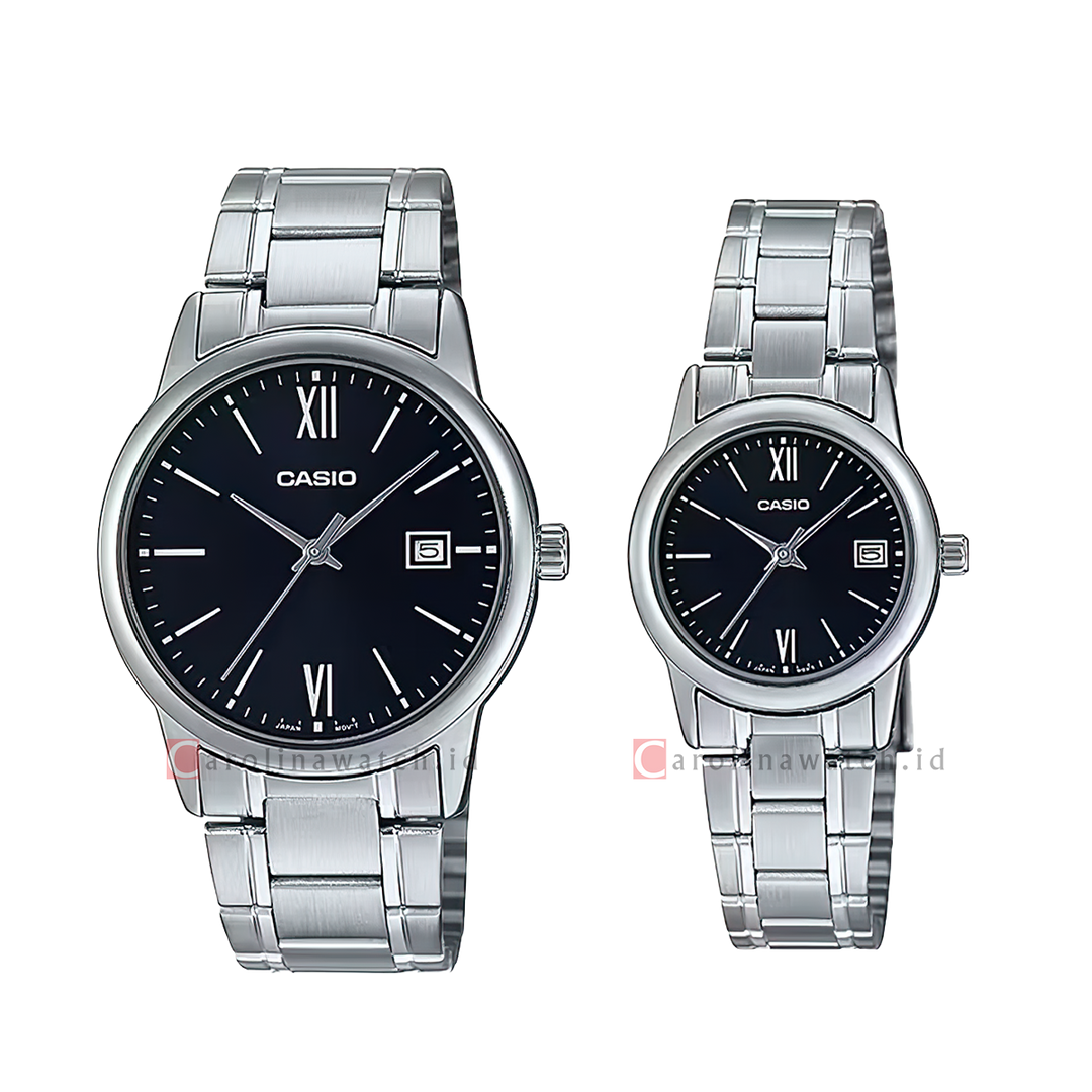 Jam Tangan Couple Casio M/LTP-V002D-1B3 Black Dial Stainless Steel Strap