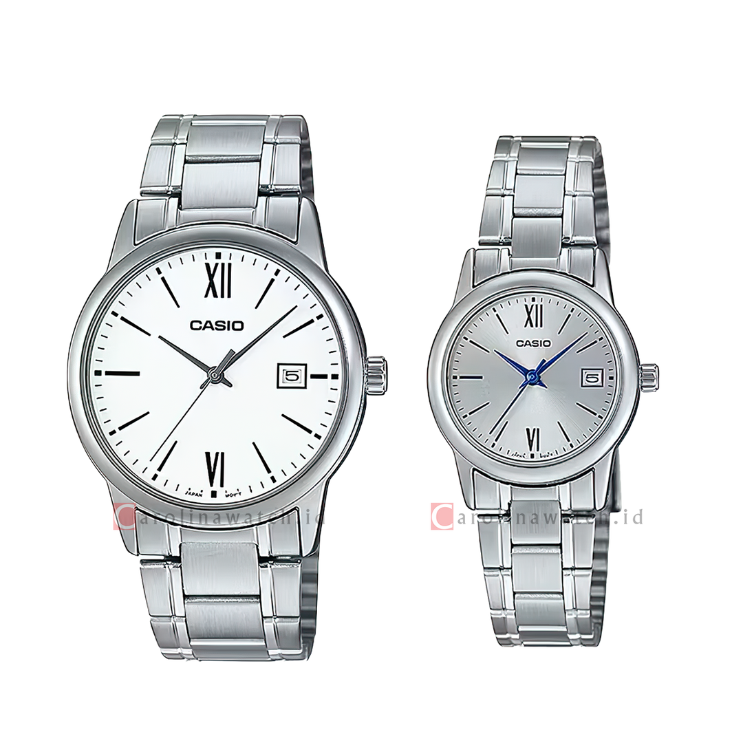 Jam Tangan Couple Casio M/LTP-V002D-7B3 White/Grey Dial Stainless Steel Strap
