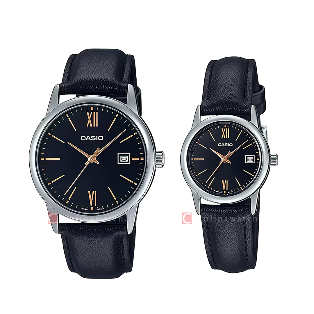 Jam Tangan Couple Casio M/LTP-V002L-1B3 Black Dial Black Leather Strap