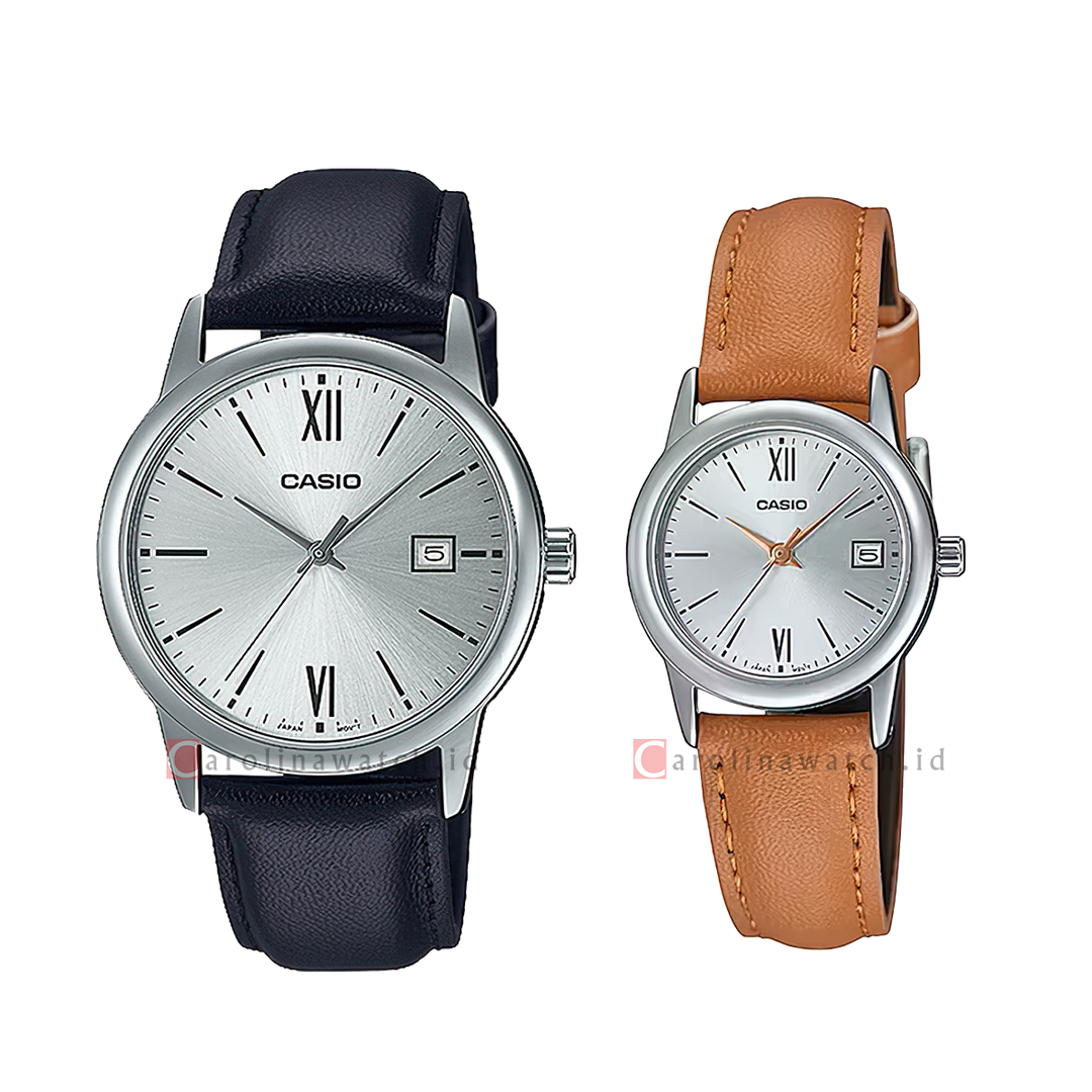 Jam Tangan Couple Casio M/LTP-V002L-7B3 Silver Dial Black/Brown Leather Strap