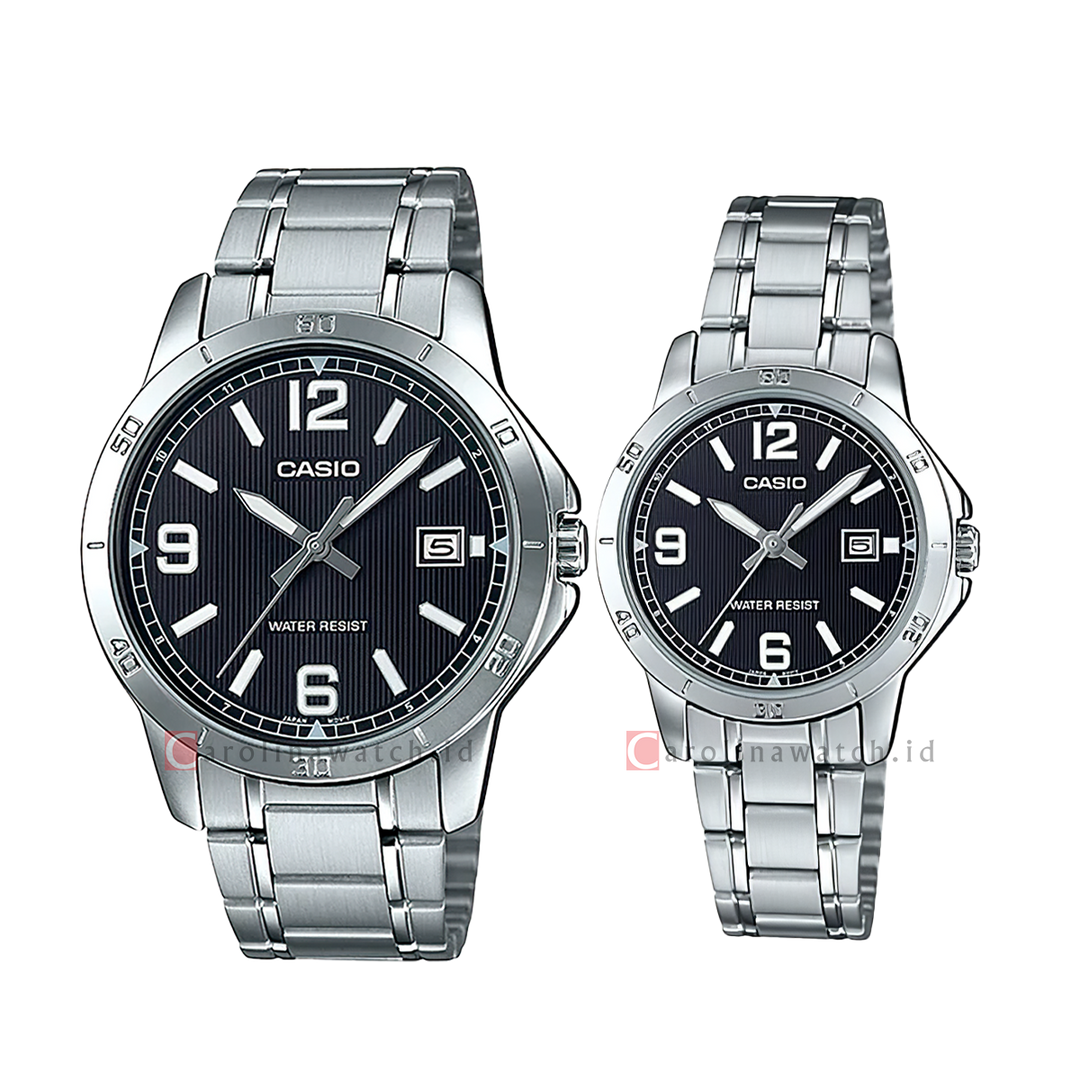 Jam Tangan Couple Casio M/LTP-V004D-1B2 Black Dial Stainless Steel Strap