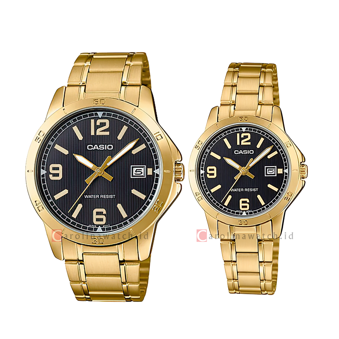 Jam Tangan Couple Casio M/LTP-V004G-1B Black Dial Gold Stainless Steel Strap