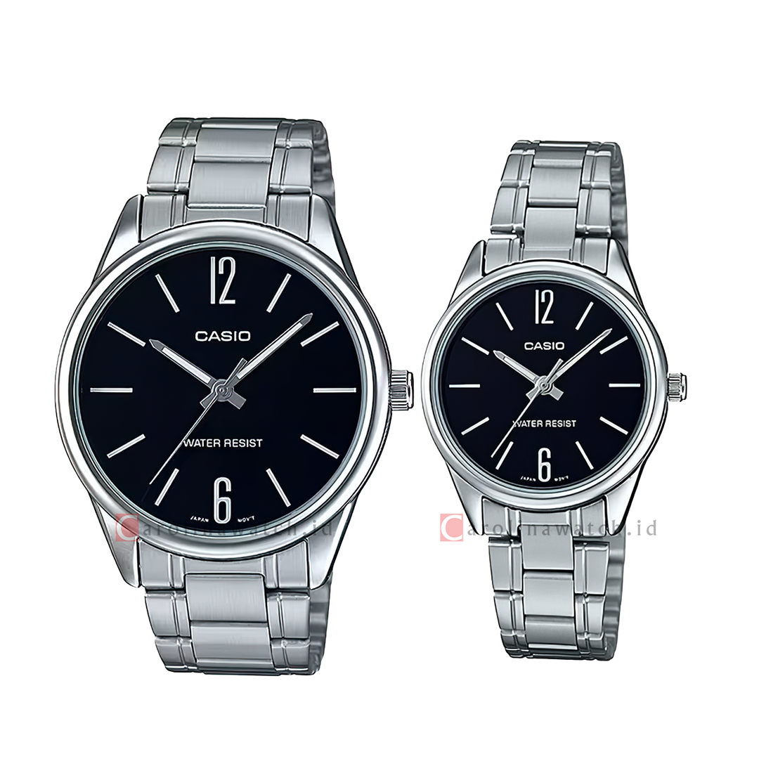Jam Tangan Couple Casio M/LTP-V005D-1B Black Dial Stainless Steel Strap