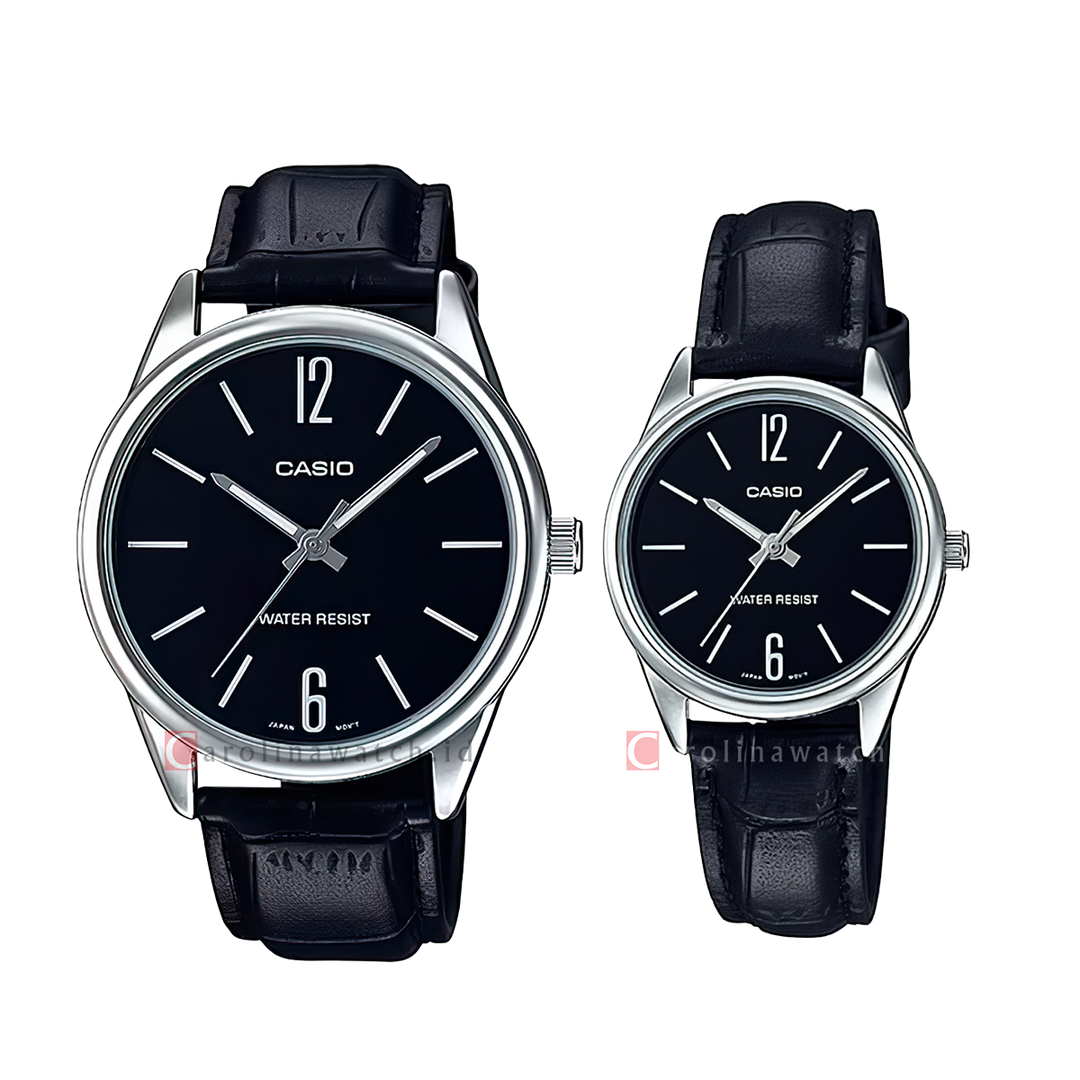 Jam Tangan Couple Casio M/LTP-V005L-1B Black Dial Black Leather Band