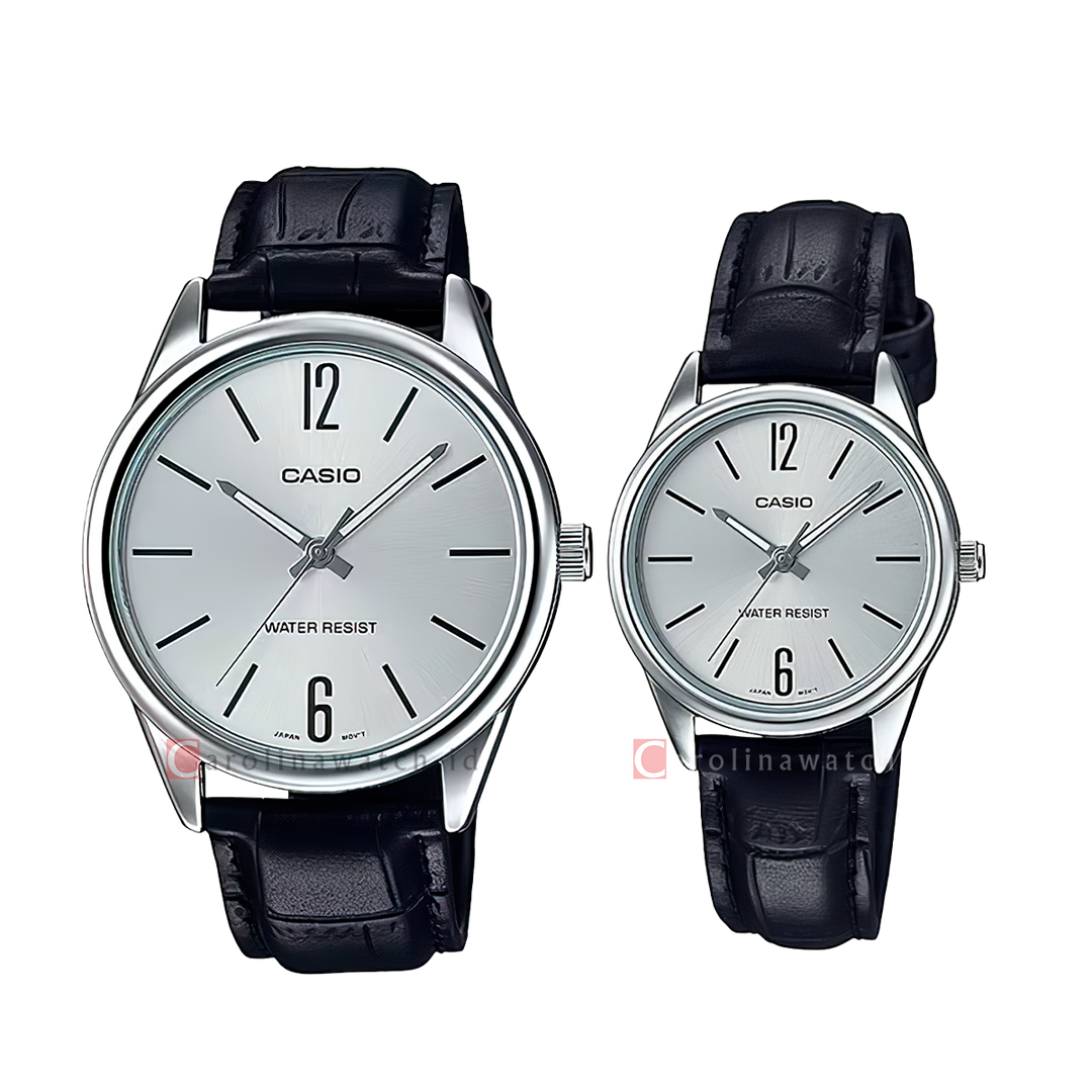 Jam Tangan Couple Casio M/LTP-V005L-7B Silver Dial Black Leather Strap