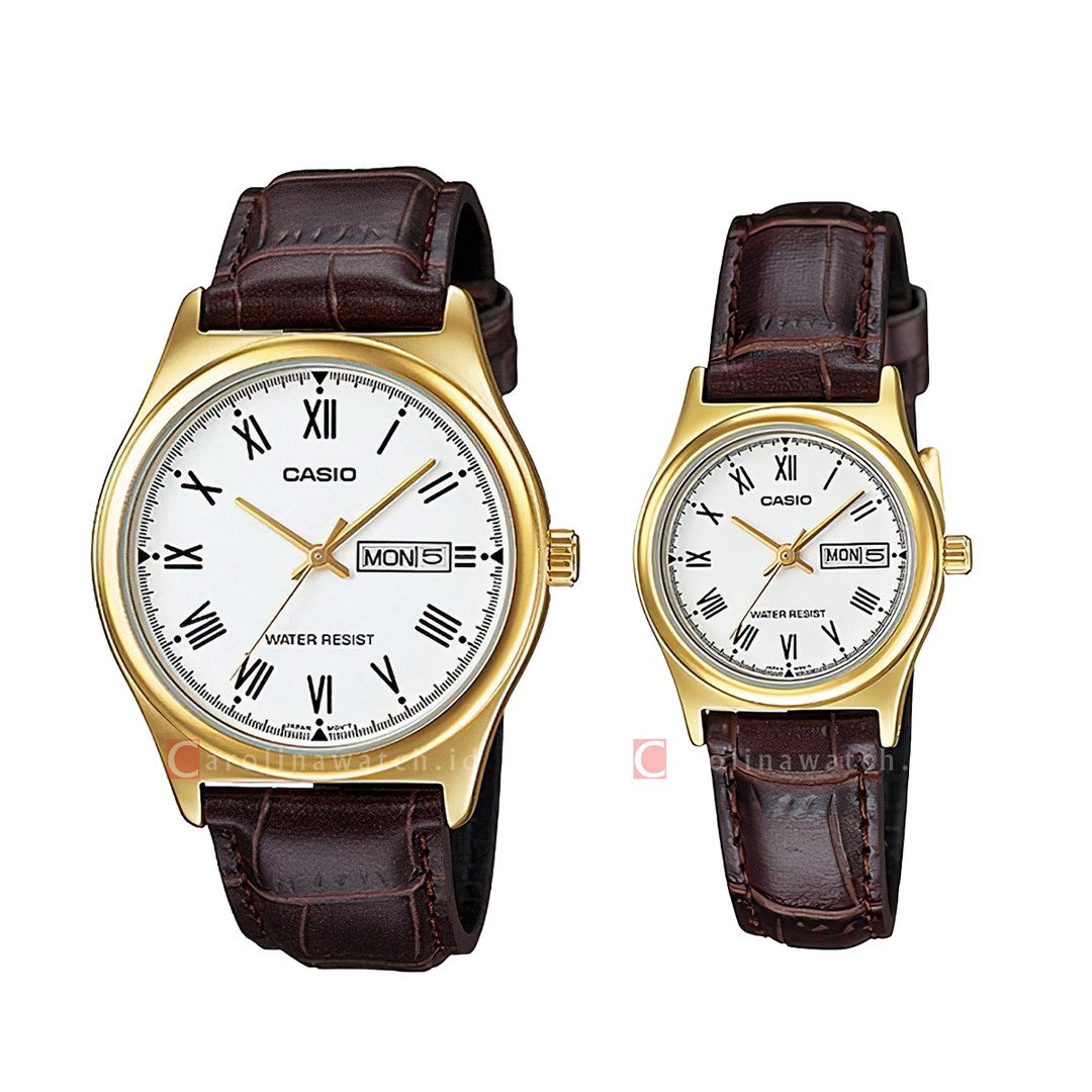 Jam Tangan Couple Casio M/LTP-V006GL-7B White Dial Brown Leather Band