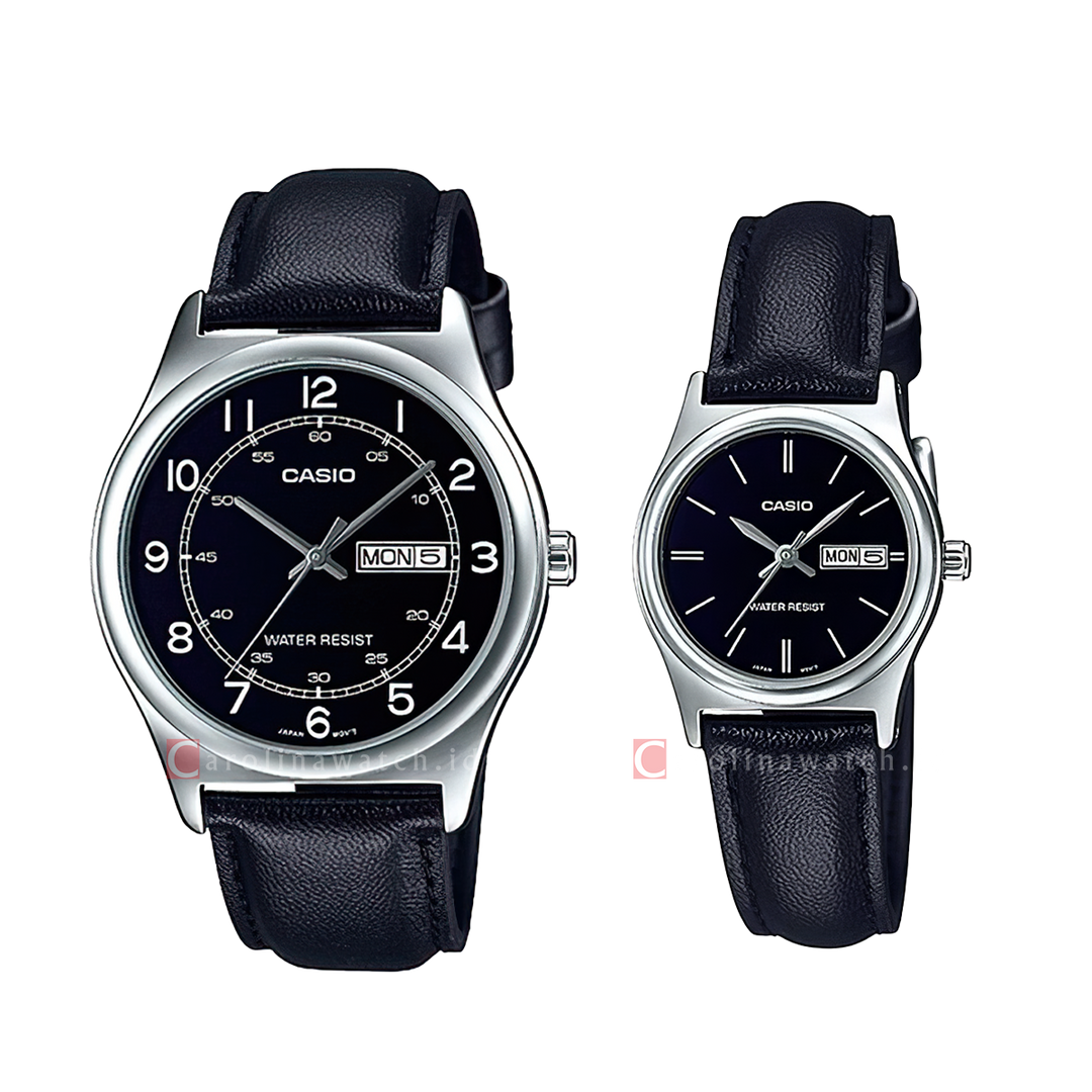 Jam Tangan Couple Casio M/LTP-V006L-1B2 Black Dial Black Leather Band
