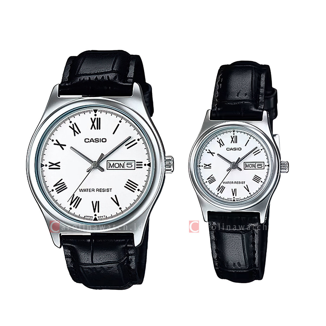 Jam Tangan Couple Casio M/LTP-V006L-7B White Dial Black Leather Band