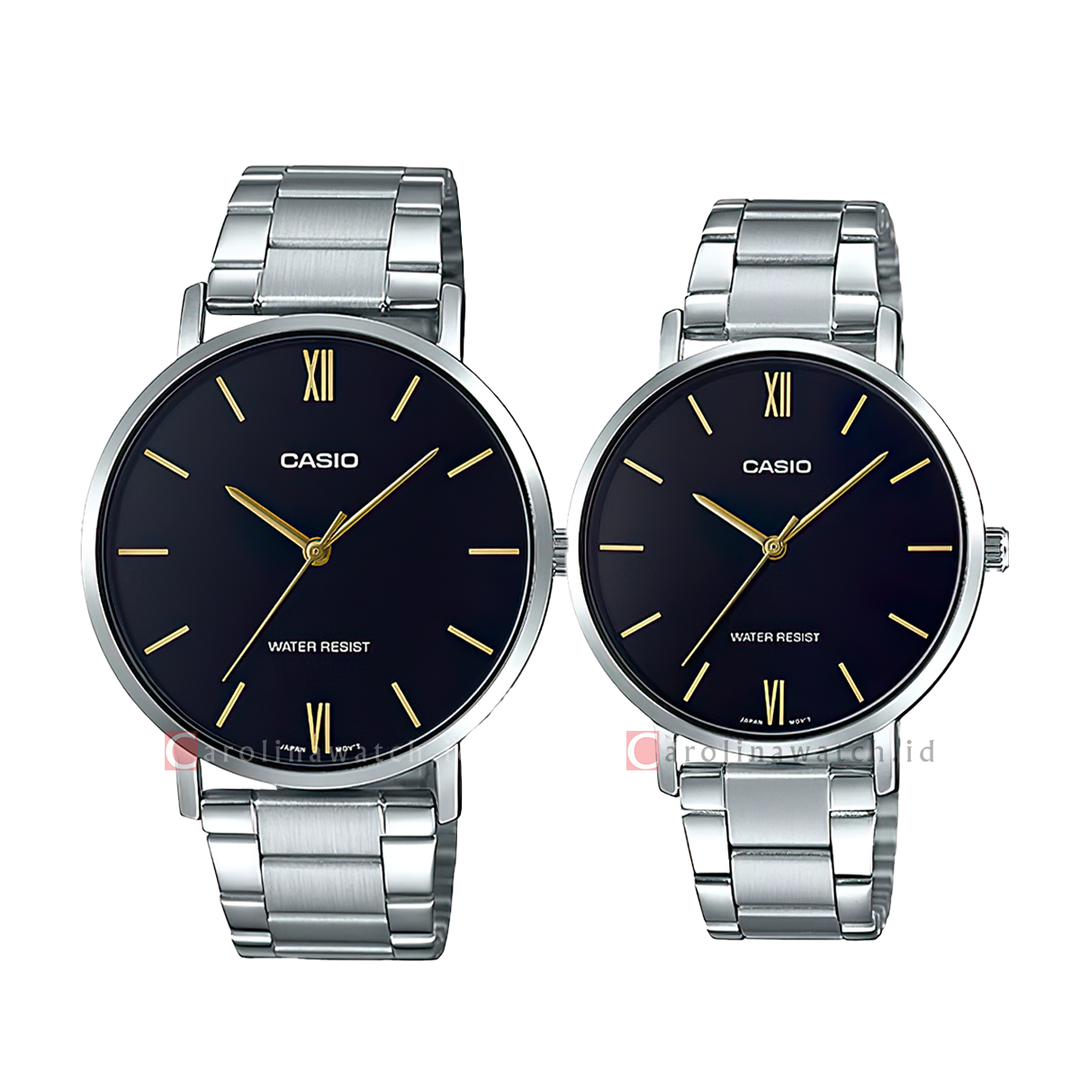 Jam Tangan Couple Casio M/LTP-VT01D-1B Black Dial Stainless Steel Band