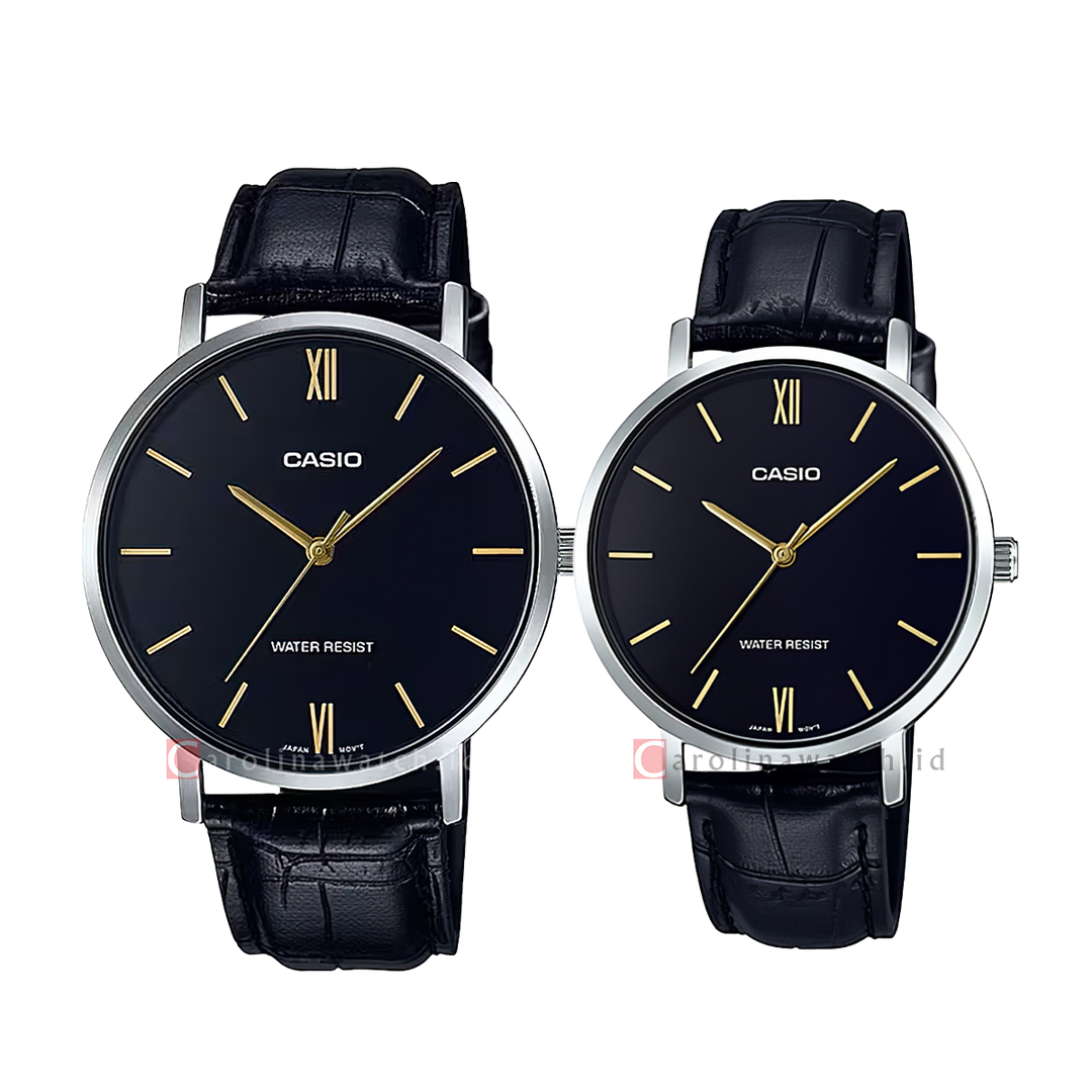 Jam Tangan Couple Casio M/LTP-VT01L-1B Black Dial Black Leather Band