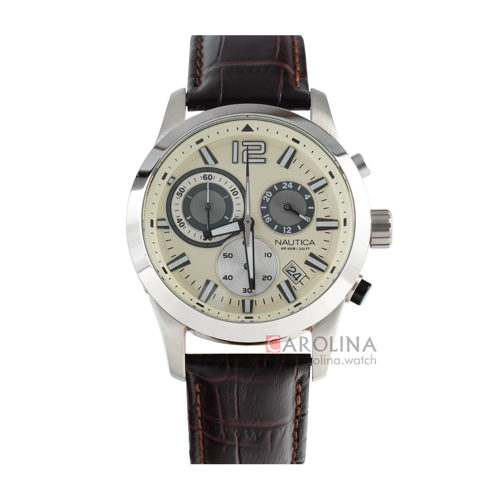 Jam Tangan NAUTICA NAPLECR14 Men Cream Dial Black Leather Strap