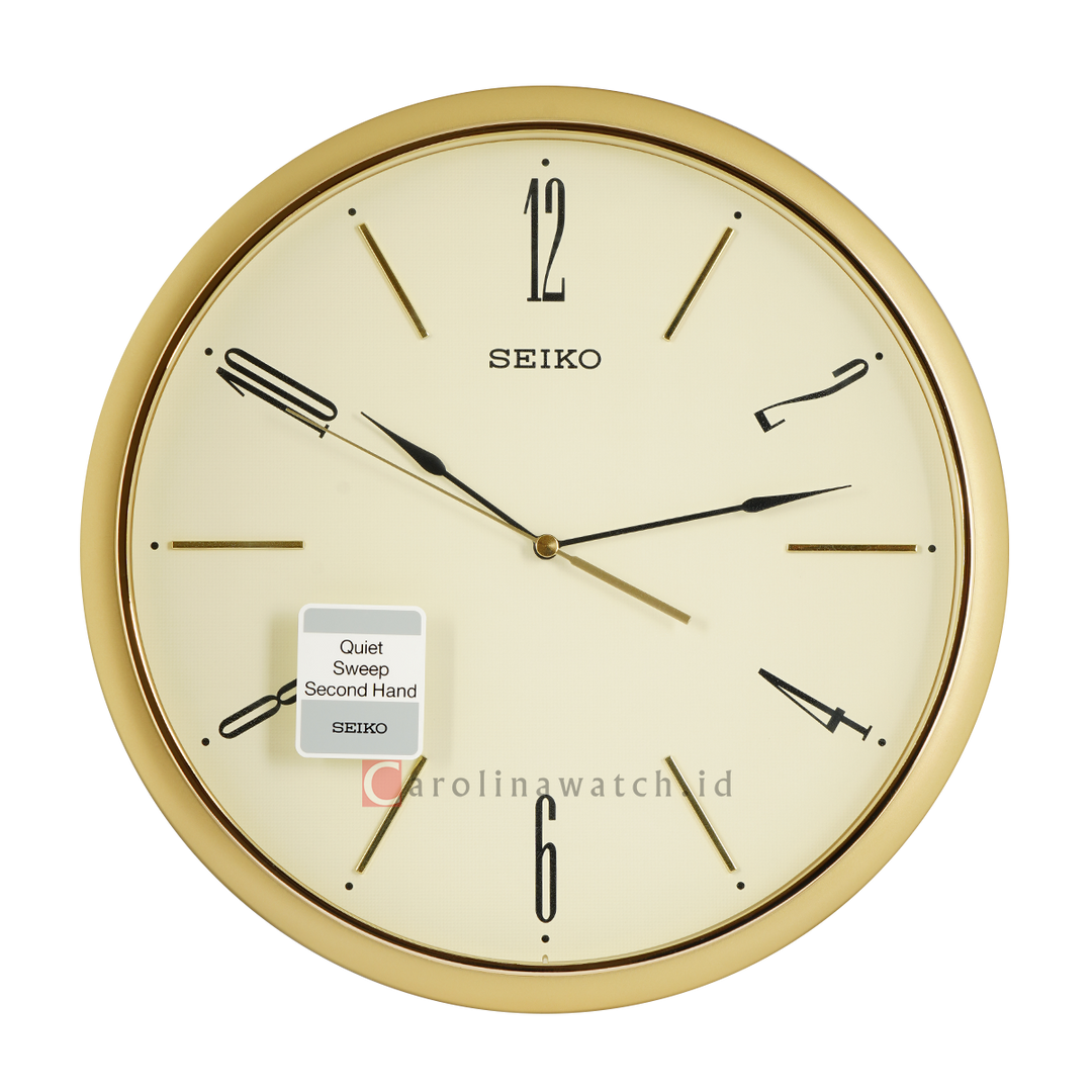 Jam Dinding SEIKO Analog QXA725G Quite Sweep Gold Case White Dial Decorator Wall Clock