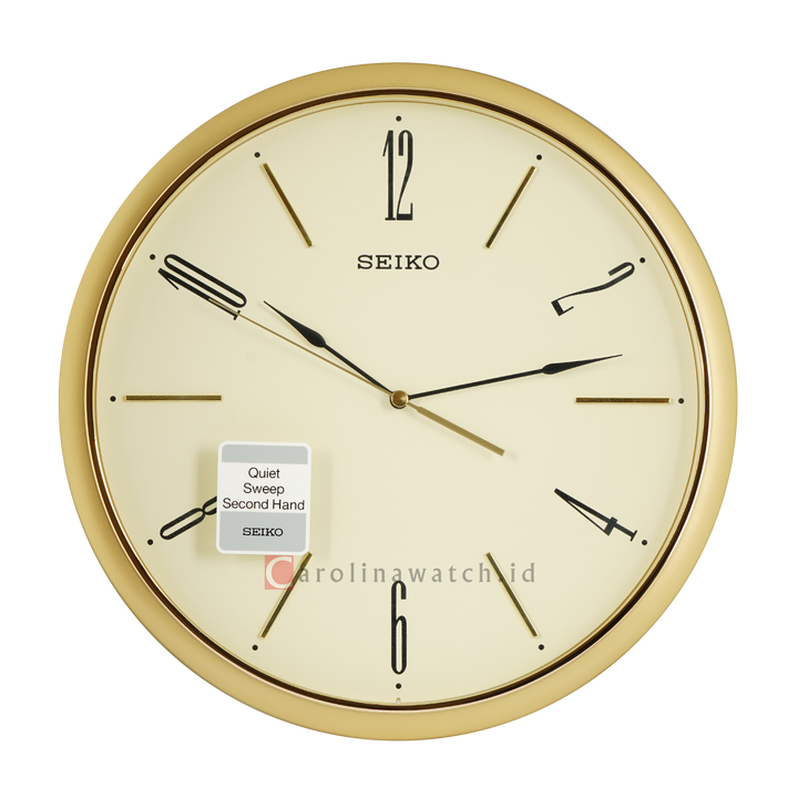 Jam Dinding SEIKO Analog QXA725G Quite Sweep Gold Case White Dial Decorator Wall Clock