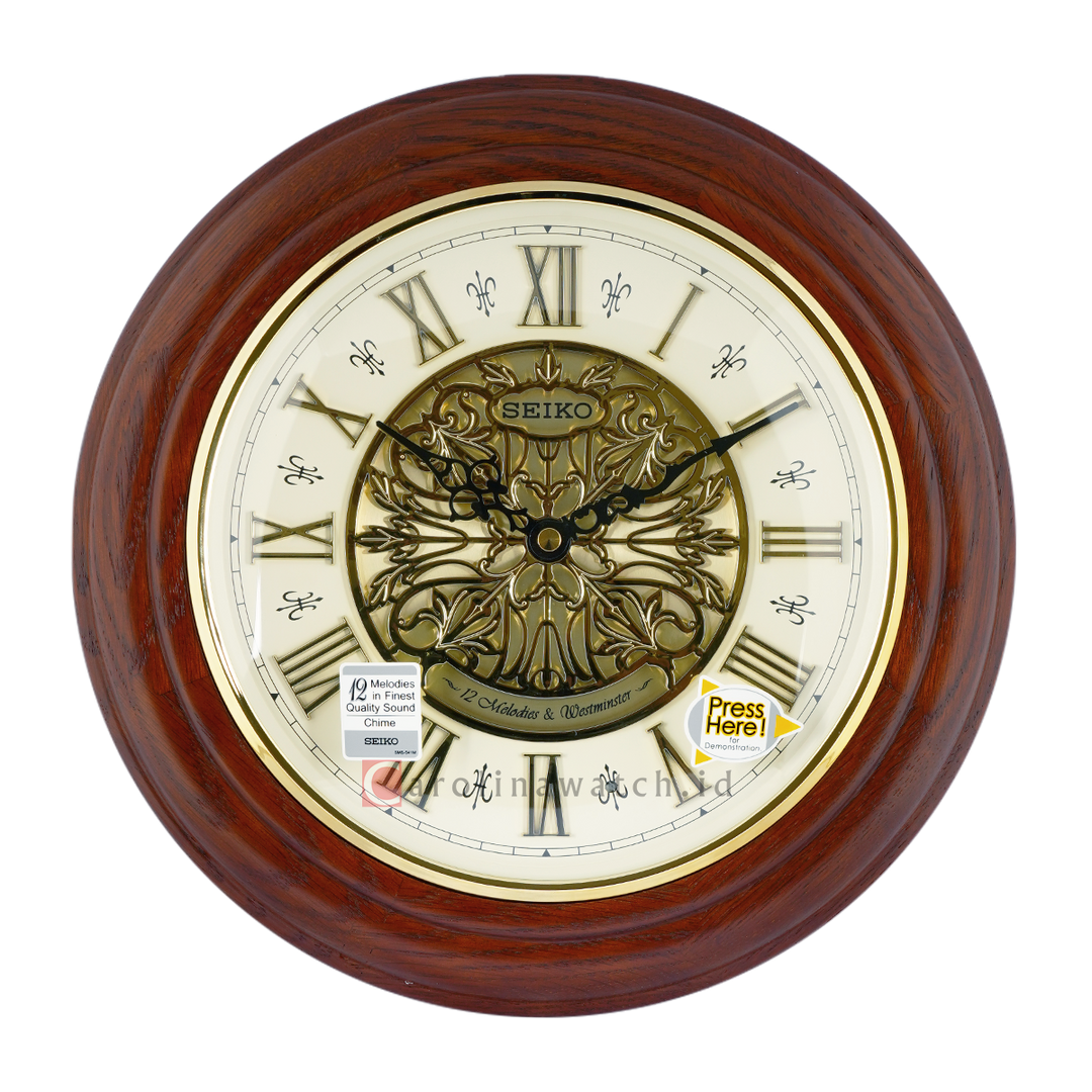 Jam Dinding SEIKO QXM342B White Ornamental Dial Brown Oak Wood Case Musical Wall Clock