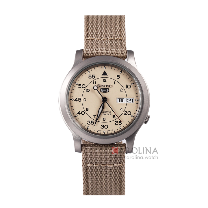 Jam Tangan Seiko 5 SNK803K2 Automatic 21 Jewels Unisex Beige Dial Brown Nylon Strap