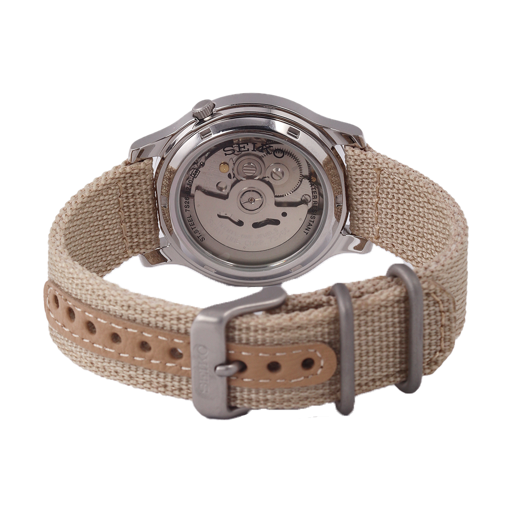Jam Tangan Seiko 5 SNK803K2 Automatic 21 Jewels Unisex Beige Dial Brown Nylon Strap