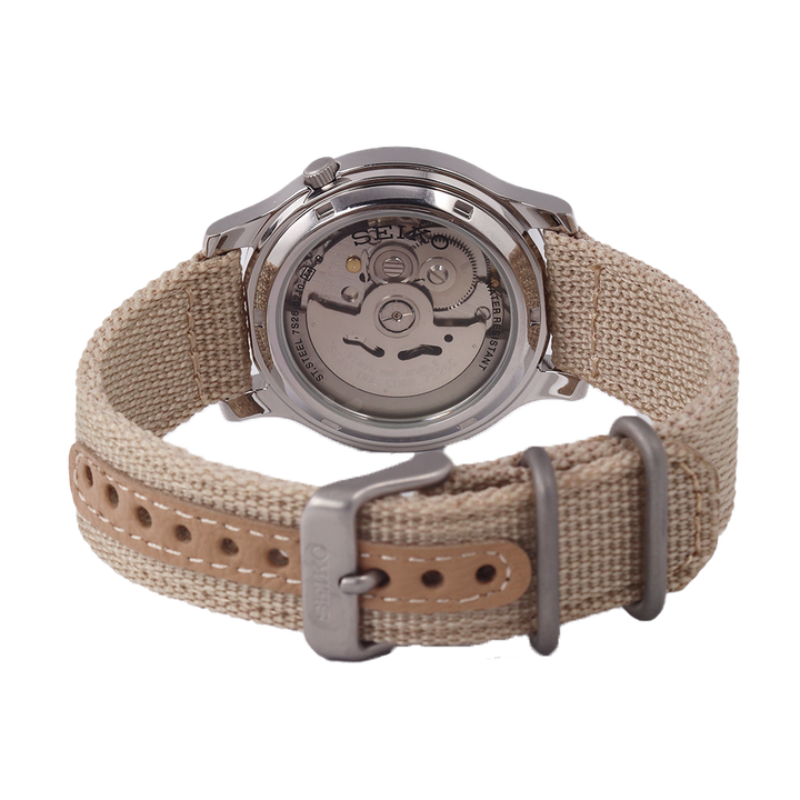 Jam Tangan Seiko 5 SNK803K2 Automatic 21 Jewels Unisex Beige Dial Brown Nylon Strap