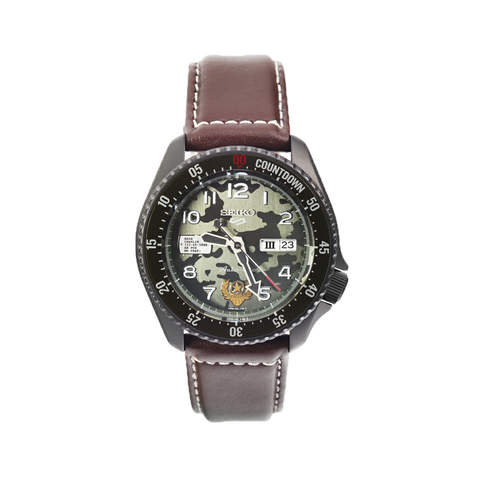 Jam Tangan Seiko 5 Sports SRPF21K1 Street Fighter Guile Indestructible Fortress Green Army Pattern Dial Brown Leather Strap Limited Edition