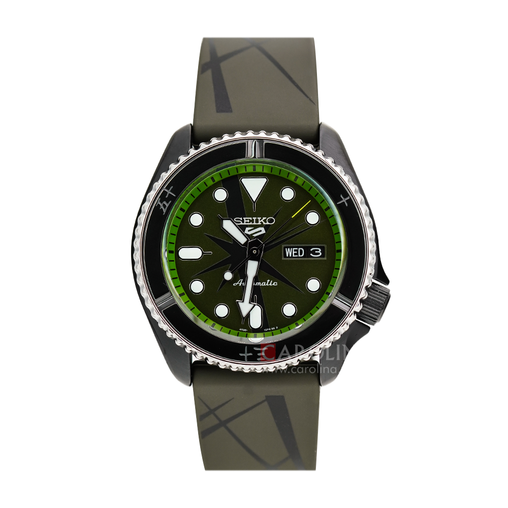 Jam Tangan Seiko 5 SRPH67K1 Sports One Piece Zoro A Sword Slashing Automatic Men Green Pattern Dial Green Rubber Strap