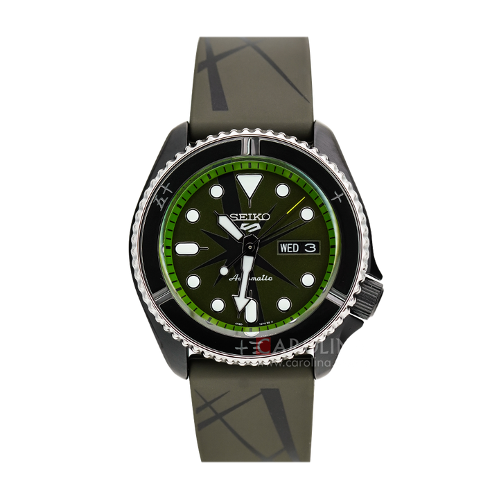 Jam Tangan Seiko 5 SRPH67K1 Sports One Piece Zoro A Sword Slashing Automatic Men Green Pattern Dial Green Rubber Strap