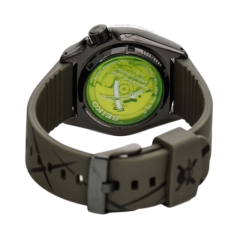 Jam Tangan Seiko 5 SRPH67K1 Sports One Piece Zoro A Sword Slashing Automatic Men Green Pattern Dial Green Rubber Strap