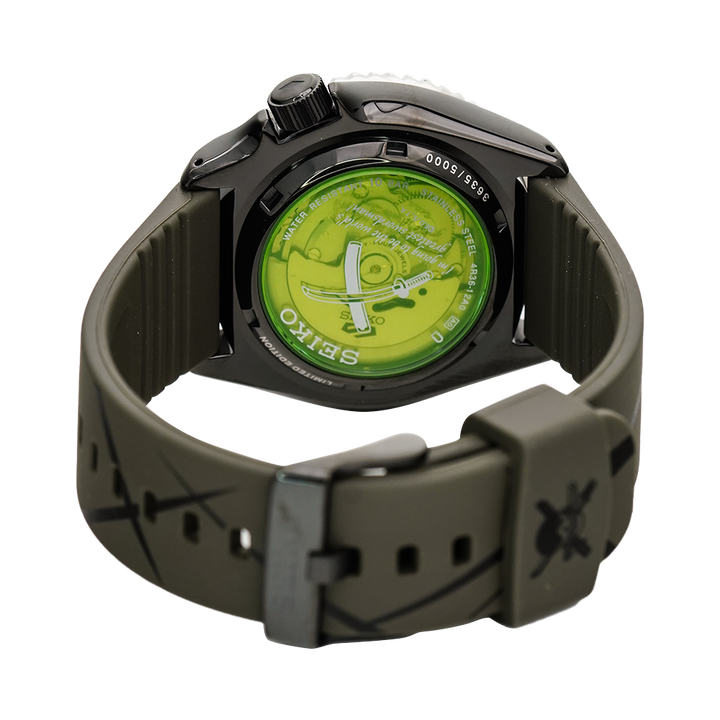 Jam Tangan Seiko 5 SRPH67K1 Sports One Piece Zoro A Sword Slashing Automatic Men Green Pattern Dial Green Rubber Strap