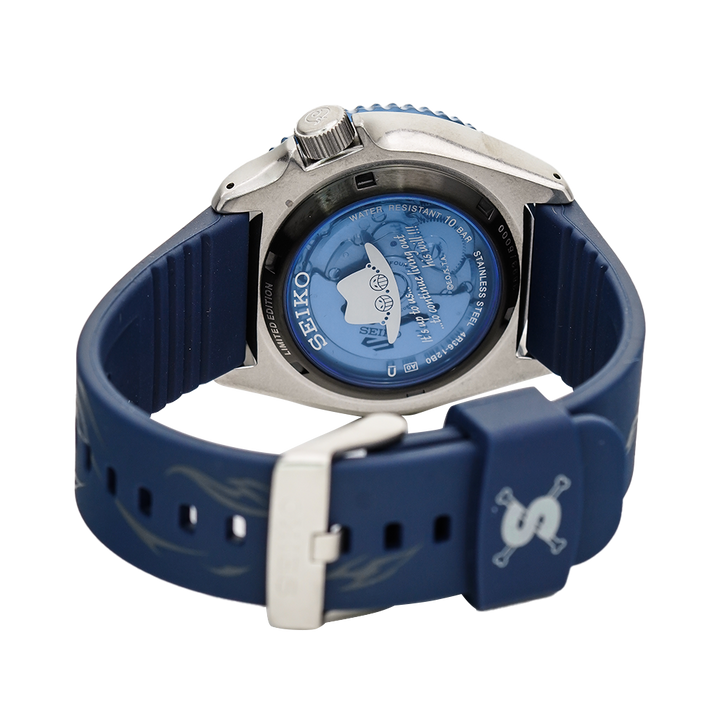 Jam Tangan Seiko 5 Sports SRPH71K1 One Piece Sabo Flame Fist Men Automatic Pattern Dial Blue Rubber Strap Limited Edition