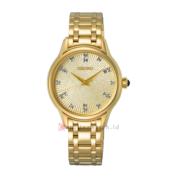 Jam Tangan Seiko Discover More SRZ552P1 Women Champagne Sparkle Effects Dial Gold Stainless Steel Strap