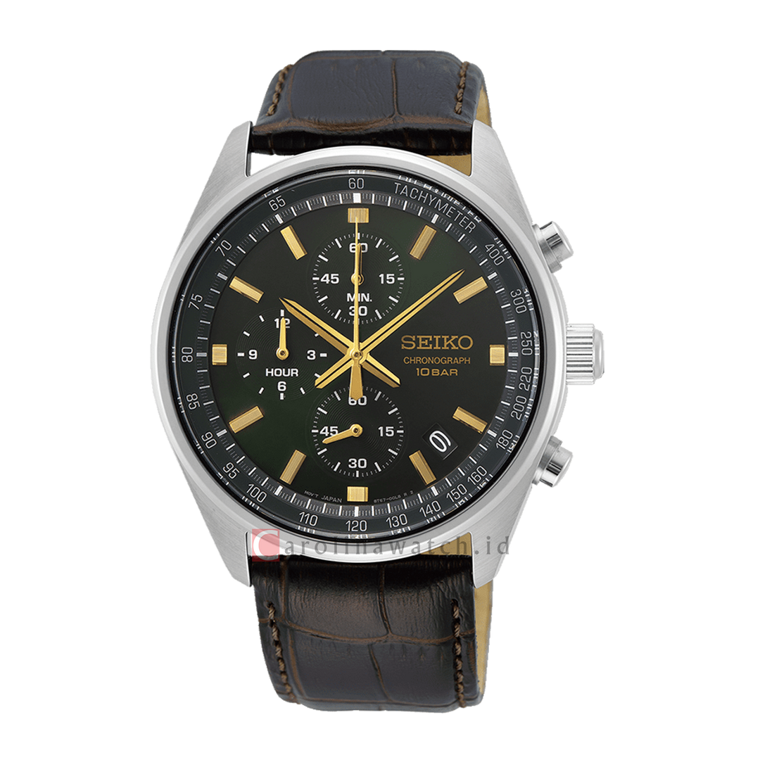 Jam Tangan Seiko Quartz Chronograph SSB385P1 Men Green Dial Brown Leather Strap