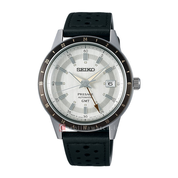 Jam Tangan Seiko Presage SSK011J1 Style 60's Automatic GMT Men Silver Dial Black Leather Strap