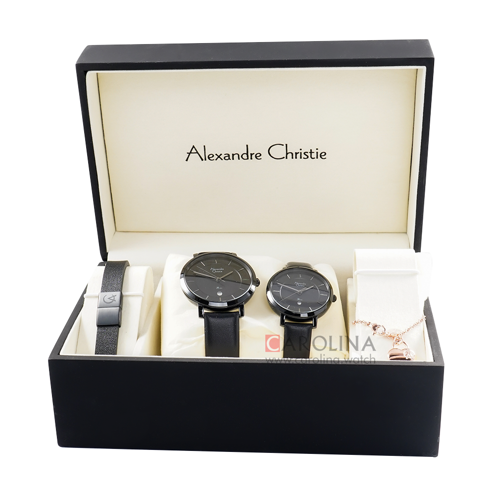 Jam Tangan Alexandre Christie AC 8666 M/LDLIPBA Couple Black Dial Black Leather Strap